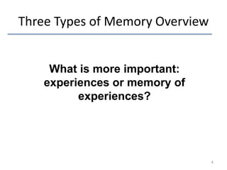 Three Types of Memory Overview

What is more important:
experiences or memory of
experiences?

4

 