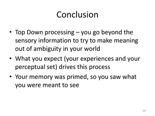 Conclusion
• Top Down processing – you go beyond the
sensory information to try to make meaning
out of ambiguity in your world
• What you expect (your experiences and your
perceptual set) drives this process
• Your memory was primed, so you saw what
you were meant to see

46

 