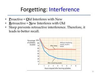 Forgetting: Interference
• Proactive = Old Interferes with New
• Retroactive = New Interferes with Old
• Sleep prevents retroactive interference. Therefore, it
leads to better recall.

51

 