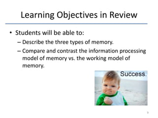 Learning Objectives in Review
• Students will be able to:
– Describe the three types of memory.
– Compare and contrast the information processing
model of memory vs. the working model of
memory.

9

 