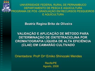 UNIVERSIDADE FEDERAL RURAL DE PERNAMBUCO
       DEPARTAMENTO DE PESCA E AQUICULTURA
PROGRAMA DE PÓS -GRADUAÇÃO EM RECURSOS PESQUEIROS
                   E AQUICULTURA


        Beatriz Regina Brito de Oliveira


   VALIDAÇÃO E APLICAÇÃO DE MÉTODO PARA
    DETERMINAÇÃO DE OXITETRACICLINA POR
  CROMATOGRAFIA LÍQUIDA DE ALTA EFICIÊNCIA
     (CLAE) EM CAMARÃO CULTIVADO


  Orientadora: Profa Dra Emiko Shinozaki Mendes

                     Recife/PE
                    Agosto, 2008
 