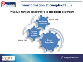 Transformation et complexité … ?
Plusieurs facteurs concourent à la complexité des projets
Enjeux
Stratégiques
Nombre
d’aléas
(risques)
Nombre et
interaction
Baccarini, 1996
Williams, 1999
3
 