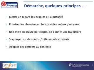 Démarche, quelques principes …
• Mettre en regard les besoins et la maturité
• Prioriser les chantiers en fonction des enjeux / moyens
• Une mise en œuvre par étapes, se donner une trajectoire
• S’appuyer sur des outils / référentiels existants
• Adapter ces derniers au contexte
6
 