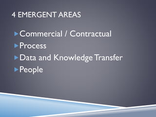 4 EMERGENT AREAS
Commercial / Contractual
Process
Data and Knowledge Transfer
People
 