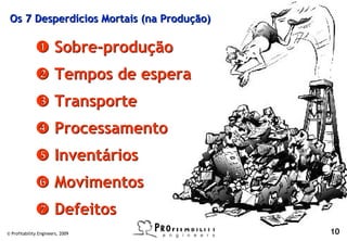 Os 7 Desperdícios Mortais (na Produção)

                       Sobre-produção
                       Tempos de espera
                       Transporte
                       Processamento
                       Inventários
                       Movimentos
                       Defeitos
© Profitability Engineers, 2009            10
 