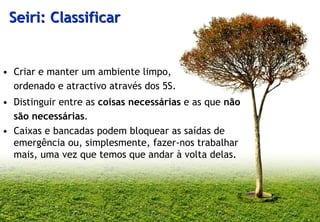Seiri: Classificar


• Criar e manter um ambiente limpo,
  ordenado e atractivo através dos 5S.
• Distinguir entre as coisas necessárias e as que não
  são necessárias.
• Caixas e bancadas podem bloquear as saídas de
  emergência ou, simplesmente, fazer-nos trabalhar
  mais, uma vez que temos que andar à volta delas.




© Profitability Engineers, 2009
                                                        11
 