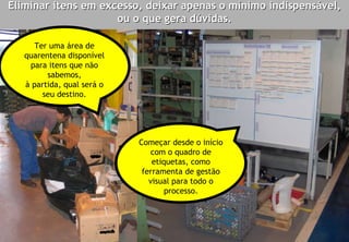 Eliminar itens em excesso, deixar apenas o mínimo indispensável,
                     ou o que gera dúvidas.

      Ter uma área de
   quarentena disponível
    para itens que não
         sabemos,
   à partida, qual será o
        seu destino.




                            Começar desde o início
                                com o quadro de
                                etiquetas, como
                             ferramenta de gestão
                               visual para todo o
                                    processo.
 