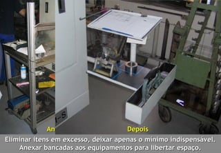 Antes                   Depois
Eliminar itens em excesso, deixar apenas o mínimo indispensável.
    Anexar bancadas aos equipamentos para libertar espaço.
 