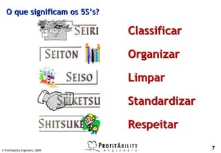 O que significam os 5S’s?

                                  Classificar

                                  Organizar

                                  Limpar

                                  Standardizar

                                  Respeitar

© Profitability Engineers, 2009
                                                 7
 