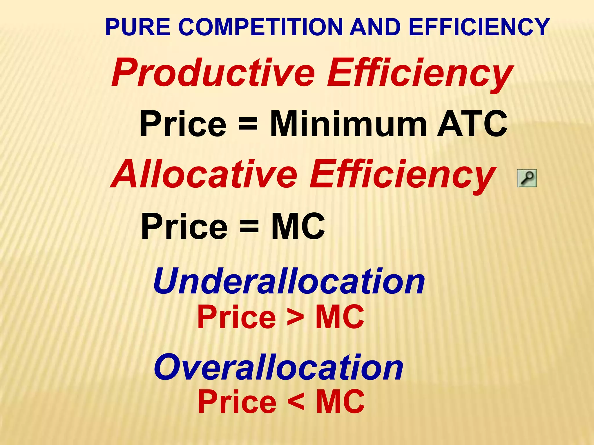 PURE COMPETITION AND EFFICIENCYProductive EfficiencyPrice = Minimum ATCAllocative EfficiencyPrice = MCUnderallocationPrice > MCOverallocationPrice < MC