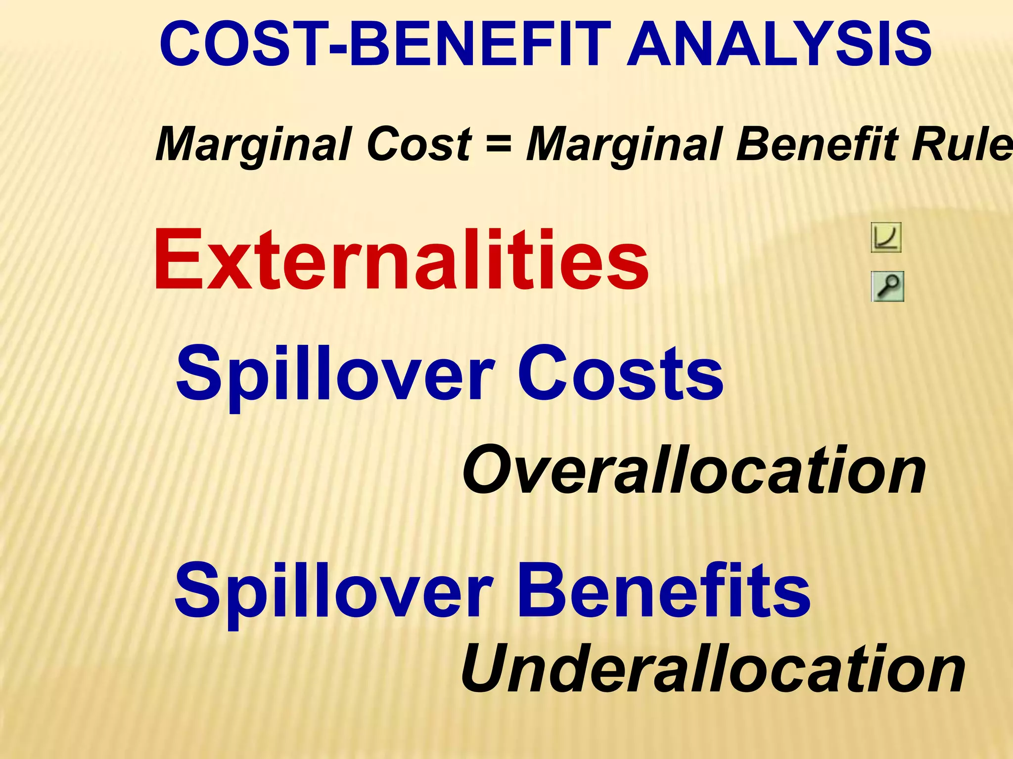 COST-BENEFIT ANALYSISMarginal Cost = Marginal Benefit RuleExternalitiesSpillover CostsOverallocationSpillover BenefitsUnderallocation