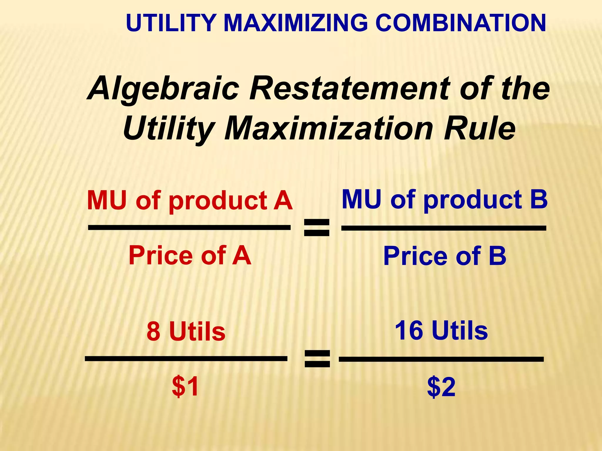 MU of product BMU of product APrice of APrice of B16 Utils8 Utils=$1$2UTILITY MAXIMIZING COMBINATIONAlgebraic Restatement of theUtility Maximization Rule=