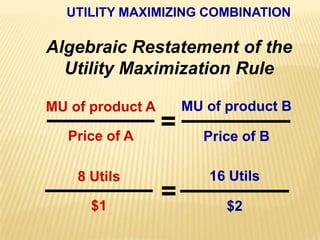 MU of product BMU of product APrice of APrice of B16 Utils8 Utils=$1$2UTILITY MAXIMIZING COMBINATIONAlgebraic Restatement of theUtility Maximization Rule=