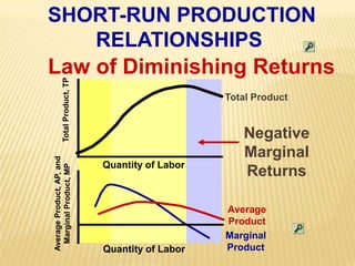 SHORT-RUN PRODUCTIONRELATIONSHIPS Law of Diminishing ReturnsTotal ProductTotal Product, TPNegativeMarginalReturnsQuantity of LaborAverage Product, AP, andMarginal Product, MPAverageProductMarginalProductQuantity of Labor