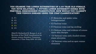 YOU EXAMINE THE LOWER EXTREMITIES OF A 64 YEAR OLD FEMALE.
YOU NOTE BILATERAL +1 PITTING LOWER EXTREMITY EDEMA WITH
PRETIBIAL HEMOSIDERIN PIGMENTATION. HOW WOULD YOU CLASSIFY
THIS VENOUS DISEASE USING THE CEAP CLASSIFICATION?
A. C1
B. C2
C. C3
D. C4
E. C5
Eklof B, Rutherford R, Bergan J, et al.
Revision of the CEAP classification for
chronic venous disorders: Consensus
statement. J Vasc Surg 2004; 40:1248.
• C1 Reticular and spider veins
(telangectasias)
• C2 Varicose veins
• C3 Varicose veins and leg swelling
• C4 Varicose veins and evidence of venous
stasis skin changes
• C5 Varicose veins and a healed venous
stasis ulceration
• C6 Varicose veins and an open venous
ulceration
 