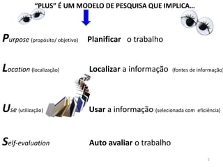 “PLUS” É UM MODELO DE PESQUISA QUE IMPLICA…



Purpose (propósito/ objetivo)   Planificar o trabalho


Location (localização)          Localizar a informação       (fontes de informação)




Use (utilização)                Usar a informação (selecionada com eficiência)


Self-evaluation                 Auto avaliar o trabalho
                                                                            2
 