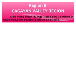 Region II
CAGAYAN VALLEY REGION
Kilala bilang Lupain ng mga Tabako dahil sa mataba at
mayamang lupa na angkop sa pagtatanim ng tabako.

 