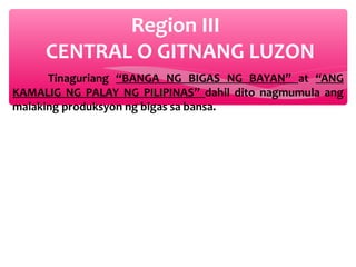 Region III
CENTRAL O GITNANG LUZON
Tinaguriang “BANGA NG BIGAS NG BAYAN” at “ANG
KAMALIG NG PALAY NG PILIPINAS” dahil dito nagmumula ang
malaking produksyon ng bigas sa bansa.

 