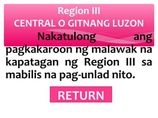 Region III
CENTRAL O GITNANG LUZON

Nakatulong
ang
pagkakaroon ng malawak na
kapatagan ng Region III sa
mabilis na pag-unlad nito.

RETURN

 
