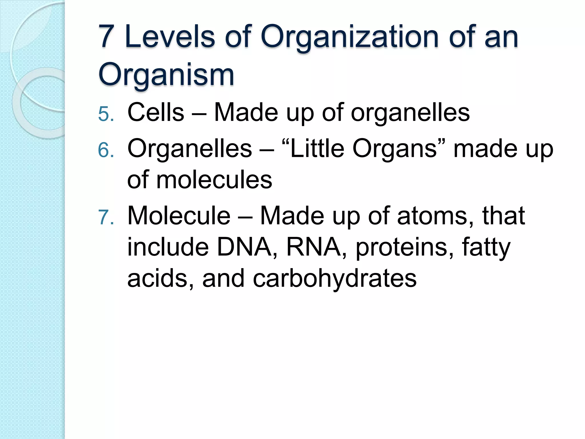 7 Levels of Organization of an 
Organism 
5. Cells – Made up of organelles 
6. Organelles – “Little Organs” made up 
of molecules 
7. Molecule – Made up of atoms, that 
include DNA, RNA, proteins, fatty 
acids, and carbohydrates 
 