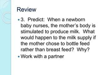 Review 
 3. Predict: When a newborn 
baby nurses, the mother’s body is 
stimulated to produce milk. What 
would happen to the milk supply if 
the mother chose to bottle feed 
rather than breast feed? Why? 
Work with a partner 
 
