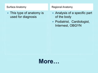 Surface Anatomy Regional Anatomy 
 This type of anatomy is 
used for diagnosis 
 Analysis of a specific part 
of the body 
 Podiatrist, Cardiologist, 
Internest, OBGYN 
More… 
 