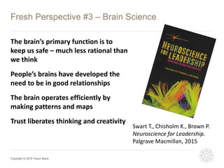 Fresh Perspective #3 – Brain Science
Copyright © 2016 Trevor Band
The brain’s primary function is to
keep us safe – much less rational than
we think
People’s brains have developed the
need to be in good relationships
The brain operates efficiently by
making patterns and maps
Trust liberates thinking and creativity
Swart T., Chisholm K., Brown P.
Neuroscience for Leadership.
Palgrave Macmillan, 2015
 