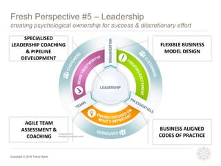 Copyright © 2016 Trevor Band
FLEXIBLE BUSINESS
MODEL DESIGN
BUSINESS ALIGNED
CODES OF PRACTICE
AGILE TEAM
ASSESSMENT &
COACHING
SPECIALISED
LEADERSHIP COACHING
& PIPELINE
DEVELOPMENT
Fresh Perspective #5 – Leadership
creating psychological ownership for success & discretionary effort
 