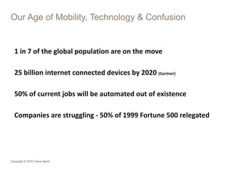 Our Age of Mobility, Technology & Confusion
Copyright © 2016 Trevor Band
1 in 7 of the global population are on the move
25 billion internet connected devices by 2020 (Gartner)
50% of current jobs will be automated out of existence
Companies are struggling - 50% of 1999 Fortune 500 relegated
 
