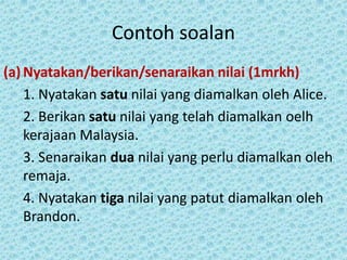 Contoh soalan
(a) Nyatakan/berikan/senaraikan nilai (1mrkh)
    1. Nyatakan satu nilai yang diamalkan oleh Alice.
    2. Berikan satu nilai yang telah diamalkan oelh
    kerajaan Malaysia.
    3. Senaraikan dua nilai yang perlu diamalkan oleh
    remaja.
    4. Nyatakan tiga nilai yang patut diamalkan oleh
    Brandon.
 