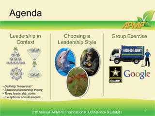 Agenda4Leadership in ContextChoosing a Leadership StyleGroup Exercise Defining “leadership”