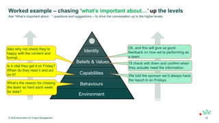 Worked example – chasing ‘what’s important about…’ up the levels
© 2025 Association for Project Management 20
Ask “What’s important about…” questions and suggestions – to drive the conversation up to the higher levels.
Environment
Behaviours
Capabilities
Beliefs & Values
Identity
What’s the reason for chasing
the team so hard each week
for data?
We told the sponsor we’d always have
the report in on Fridays.
Is it vital they get it on Friday?
When do they read it and act
on it?
I’ll check with them and confirm when
they actually need the information.
Also why not check they’re
happy with the content and
format…
Ok, and this will give us good
feedback on how we’re performing as
a team
 