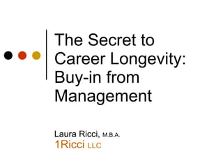 The Secret to Career Longevity: Buy-in from Management Laura Ricci,  M.B.A. 1Ricci  LLC ,[object Object],[object Object],[object Object],[object Object],[object Object],[object Object],[object Object]