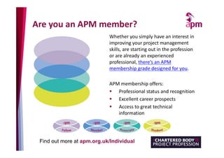 Are you an APM member?
Whether you simply have an interest in
improving your project management
skills, are starting out i...
