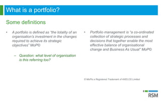 What is a portfolio?
Some definitions
• Portfolio management is “a co-ordinated
collection of strategic processes and
deci...