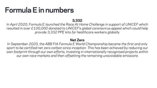 FormulaEinnumbers
3,332
In April 2020, Formula E launched the Race At Home Challenge in support of UNICEF which
resulted in over £100,000 donated to UNICEF’s global coronavirus appeal which could help
provide 3,332 PPE kits for healthcare workers globally
Net Zero
In September 2020, the ABB FIA Formula E World Championship became the first and only
sport to be certified net zero carbon since inception. This has been achieved by reducing our
own footprint through our own efforts, investing in internationally recognised projects within
our own race markets and then offsetting the remaining unavoidable emissions
 