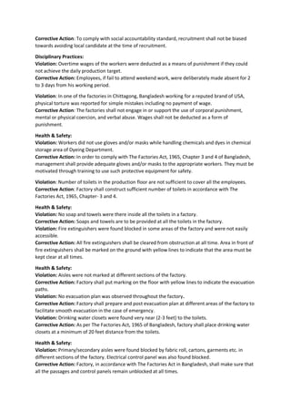 Corrective Action: To comply with social accountability standard, recruitment shall not be biased
towards avoiding local candidate at the time of recruitment.
Disciplinary Practices:
Violation: Overtime wages of the workers were deducted as a means of punishment if they could
not achieve the daily production target.
Corrective Action: Employees, if fail to attend weekend work, were deliberately made absent for 2
to 3 days from his working period.
Violation: In one of the factories in Chittagong, Bangladesh working for a reputed brand of USA,
physical torture was reported for simple mistakes including no payment of wage.
Corrective Action: The factories shall not engage in or support the use of corporal punishment,
mental or physical coercion, and verbal abuse. Wages shall not be deducted as a form of
punishment.
Health & Safety:
Violation: Workers did not use gloves and/or masks while handling chemicals and dyes in chemical
storage area of Dyeing Department.
Corrective Action: In order to comply with The Factories Act, 1965, Chapter 3 and 4 of Bangladesh,
management shall provide adequate gloves and/or masks to the appropriate workers. They must be
motivated through training to use such protective equipment for safety.
Violation: Number of toilets in the production floor are not sufficient to cover all the employees.
Corrective Action: Factory shall construct sufficient number of toilets in accordance with The
Factories Act, 1965, Chapter- 3 and 4.
Health & Safety:
Violation: No soap and towels were there inside all the toilets in a factory.
Corrective Action: Soaps and towels are to be provided at all the toilets in the factory.
Violation: Fire extinguishers were found blocked in some areas of the factory and were not easily
accessible.
Corrective Action: All fire extinguishers shall be cleared from obstruction at all time. Area in front of
fire extinguishers shall be marked on the ground with yellow lines to indicate that the area must be
kept clear at all times.
Health & Safety:
Violation: Aisles were not marked at different sections of the factory.
Corrective Action: Factory shall put marking on the floor with yellow lines to indicate the evacuation
paths.
Violation: No evacuation plan was observed throughout the factory.
Corrective Action: Factory shall prepare and post evacuation plan at different areas of the factory to
facilitate smooth evacuation in the case of emergency.
Violation: Drinking water closets were found very near (2-3 feet) to the toilets.
Corrective Action: As per The Factories Act, 1965 of Bangladesh, factory shall place drinking water
closets at a minimum of 20 feet distance from the toilets.
Health & Safety:
Violation: Primary/secondary aisles were found blocked by fabric roll, cartons, garments etc. in
different sections of the factory. Electrical control panel was also found blocked.
Corrective Action: Factory, in accordance with The Factories Act in Bangladesh, shall make sure that
all the passages and control panels remain unblocked at all times.
 