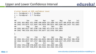 Slide 10 www.edureka.co/advanced-predictive-modelling-in-r
Upper and Lower Confidence Interval
fore <- predict(fit, n.ahead = 24)
fore
## $pred
## Jan Feb Mar Apr May Jun Jul
## 1961 445.0772 418.6286 451.3255 485.0739 496.9859 555.4025 641.1830
## 1962 463.4606 435.4701 463.6918 501.9637 511.8873 571.0617 657.1925
## Aug Sep Oct Nov Dec
## 1961 627.2158 528.6446 478.3612 410.0384 452.4290
## 1962 640.0611 540.7620 491.0499 419.6633 461.3783
##
## $se
## Jan Feb Mar Apr May Jun Jul
## 1961 11.96267 16.46600 19.63824 22.09347 24.07871 25.72521 27.11359
## 1962 35.68346 38.94721 41.65083 43.92872 45.87078 47.54098 48.98693
## Aug Sep Oct Nov Dec
## 1961 28.29798 29.31703 30.19955 30.96776 31.63920
## 1962 50.24524 51.34481 52.30891 53.15659 53.90364
# error bounds at 95% confidence level
U <- fore$pred + 2 * fore$se
L <- fore$pred - 2 * fore$se
U
## Jan Feb Mar Apr May Jun Jul
## 1961 469.0025 451.5606 490.6020 529.2609 545.1433 606.8530 695.4102
## 1962 534.8275 513.3645 546.9934 589.8211 603.6288 666.1437 755.1663
## Aug Sep Oct Nov Dec
## 1961 683.8117 587.2786 538.7603 471.9739 515.7074
## 1962 740.5516 643.4516 595.6677 525.9765 569.1856
L
## Jan Feb Mar Apr May Jun Jul
## 1961 421.1519 385.6966 412.0491 440.8870 448.8284 503.9521 586.9558
## 1962 392.0937 357.5757 380.3901 414.1063 420.1457 475.9797 559.2186
## Aug Sep Oct Nov Dec
## 1961 570.6198 470.0105 417.9621 348.1029 389.1506
## 1962 539.5707 438.0724 386.4321 313.3501 353.5710
 