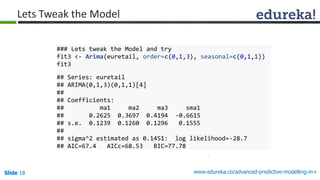 Slide 18 www.edureka.co/advanced-predictive-modelling-in-r
Lets Tweak the Model
### Lets tweak the Model and try
fit3 <- Arima(euretail, order=c(0,1,3), seasonal=c(0,1,1))
fit3
## Series: euretail
## ARIMA(0,1,3)(0,1,1)[4]
##
## Coefficients:
## ma1 ma2 ma3 sma1
## 0.2625 0.3697 0.4194 -0.6615
## s.e. 0.1239 0.1260 0.1296 0.1555
##
## sigma^2 estimated as 0.1451: log likelihood=-28.7
## AIC=67.4 AICc=68.53 BIC=77.78
 