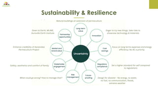 Sustainability & Resilience
Natural buildings an extension of permaculture
Eager to try new things, take risks to
showcase technology & materials
Focus on long terms expenses and energy
efficiency. No AC a priority
Set a higher standard for self compared
to regulations
Design for disaster - No energy, no water,
no fuel, no communication, floods,
extreme weather
What could go wrong? How to manage that?
Safety, aesthetics and comfort of family
Enhance credibility of Aanandaa
Permaculture Project
Down to Earth, MLIME,
Auroville Earth Institute
 