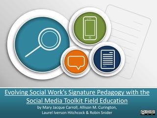 Evolving Social Work’s Signature Pedagogy with the
Social Media Toolkit Field Education
by Mary Jacque Carroll, Allison M. Curington,
Laurel Iverson Hitchcock & Robin Snider
 