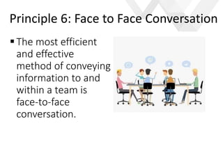 e
The most efficient
and effective
method of conveying
information to and
within a team is
face-to-face
conversation.
Principle 6: Face to Face Conversation
 