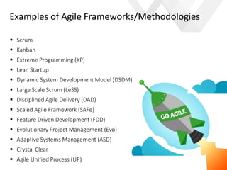 e
Examples of Agile Frameworks/Methodologies
 Scrum
 Kanban
 Extreme Programming (XP)
 Lean Startup
 Dynamic System Development Model (DSDM)
 Large Scale Scrum (LeSS)
 Disciplined Agile Delivery (DAD)
 Scaled Agile Framework (SAFe)
 Feature Driven Development (FDD)
 Evolutionary Project Management (Evo)
 Adaptive Systems Management (ASD)
 Crystal Clear
 Agile Unified Process (UP)
 