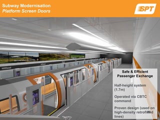 Safe & Efficient
Passenger Exchange
Half-height system
(1.7m)
Operated via CBTC
command
Proven design (used on
high-density retrofitted
lines)
Subway Modernisation
Platform Screen Doors
29
 