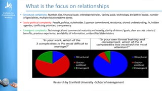 What is the focus on relationships
• Structural complexity: Number, size, financial scale, interdependencies, variety, pace, technology, breadth of scope, number
of specialities, multiple locations/time-zones.
• Socio-political complexity: People, politics, stakeholder / sponsor commitment, resistance, shared understanding, fit, hidden
agendas, conflicting priorities, transparency.
• Emergent complexity: Technological and commercial maturity and novelty, clarity of vision / goals, clear success criteria /
benefits, previous experience, availability of information, unidentified stakeholders
Research by Cranfield University –School of management
 