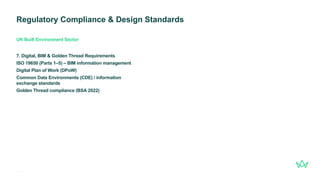 Regulatory Compliance & Design Standards
14
gleeds.com
7. Digital, BIM & Golden Thread Requirements
ISO 19650 (Parts 1–5) – BIM information management
Digital Plan of Work (DPoW)
Common Data Environments (CDE) / information
exchange standards
Golden Thread compliance (BSA 2022)
UK Built Environment Sector
 