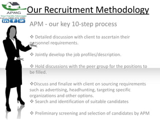 Our Recruitment Methodology
APM - our key 10-step process
 Detailed discussion with client to ascertain their
personnel requirements.

 Jointly develop the job profiles/description.

 Hold discussions with the peer group for the positions to
be filled.

Discuss and finalize with client on sourcing requirements
such as advertising, headhunting, targeting specific
organizations and other options.
 Search and identification of suitable candidates

 Preliminary screening and selection of candidates by APM
 