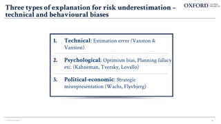 1. Technical: Estimation error (Vanston &
Vanston)
2. Psychological: Optimism bias, Planning fallacy
etc. (Kahneman, Tversky, Lovallo)
3. Political-economic: Strategic
misrepresentation (Wachs, Flyvbjerg)
© Bent Flyvbjerg
Three types of explanation for risk underestimation –
technical and behavioural biases
14
 