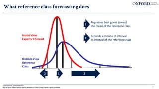 What reference class forecasting does
23
1 2
2
Outside View
Reference
Class
Inside View
Experts’ Forecast
Regresses best guess toward
the mean of the reference class
1
Expands estimate of interval
to interval of the reference class
2
CONFIDENTIAL & PROPRIETARY
Any use of this material without specific permission of Oxford Global Projects is strictly prohibited
 
