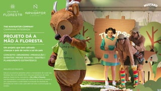 THE NAVIGATOR COMPANY
CAMPANHA INTEGRADA
PROJETO DÁ A
MÃO À FLORESTA
Um projeto que tem cativado
crianças e pais de norte a sul do país
CONCEITO | BRANDING | PRODUÇÃO |
EVENTOS | REDES SOCIAIS | GESTÃO |
PLANEAMENTO ESTRATÉGICO
Educar as próximas gerações sobre a necessidade de cuidar das
ﬂorestas não é um desaﬁo fácil, mas que aceitámos de mãos
abertas. Desta forma, renovámos o Dá a Mão à Floresta,
transformando-o num projeto de referência da marca. Durante o
ano, asseguramos a criatividade e produção de dezenas de
ativações por todo o país, para além de toda a comunicação do
projeto.
RESUMO DO PROJETO
 